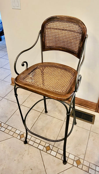Set of 4 1980's Vintage Drexel Wrought Iron and Cane Bar Stools