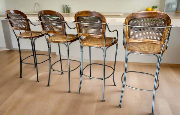 Set of 4 1980's Vintage Drexel Wrought Iron and Cane Bar Stools