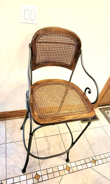 Set of 4 1980's Vintage Drexel Wrought Iron and Cane Bar Stools