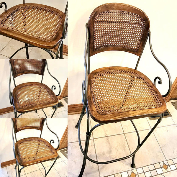 Set of 4 1980's Vintage Drexel Wrought Iron and Cane Bar Stools