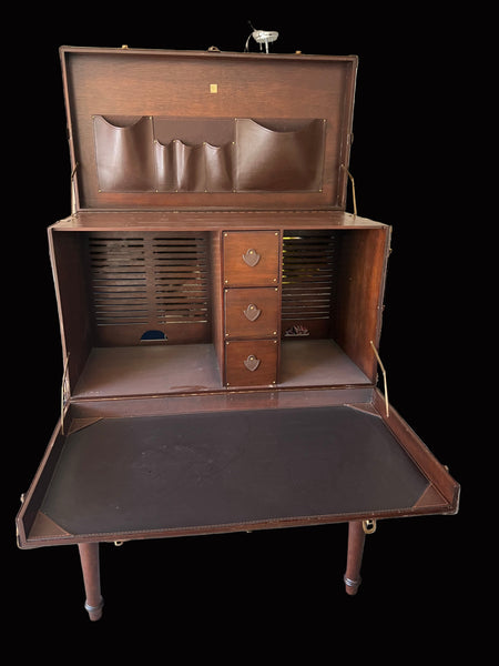 Vintage Rattan and Leather Stiles Brothers for Bauer 2 Piece Campaign Desk Trunk