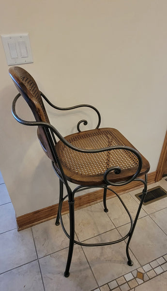 Set of 4 1980's Vintage Drexel Wrought Iron and Cane Bar Stools
