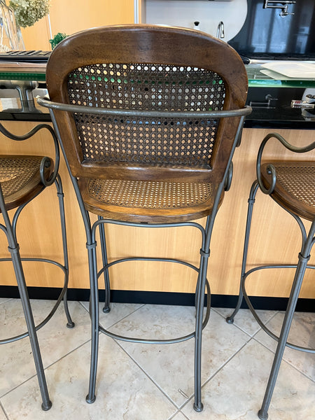 Set of 4 1980's Vintage Drexel Wrought Iron and Cane Bar Stools