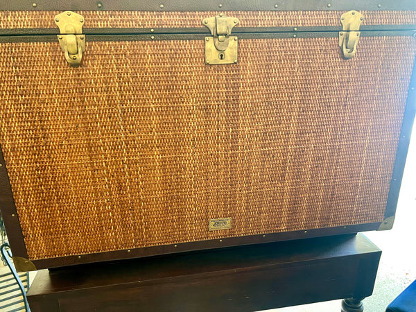 Vintage Rattan and Leather Stiles Brothers for Bauer 2 Piece Campaign Desk Trunk