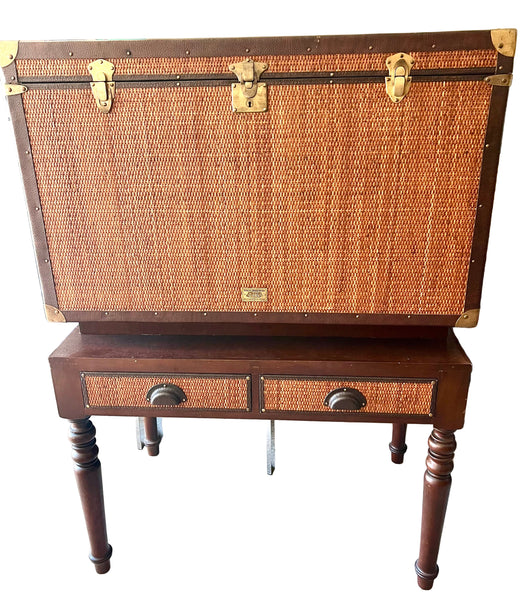Vintage Rattan and Leather Stiles Brothers for Bauer 2 Piece Campaign Desk Trunk