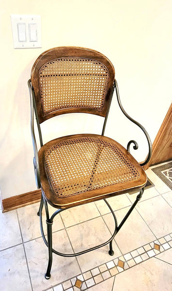 Set of 4 1980's Vintage Drexel Wrought Iron and Cane Bar Stools