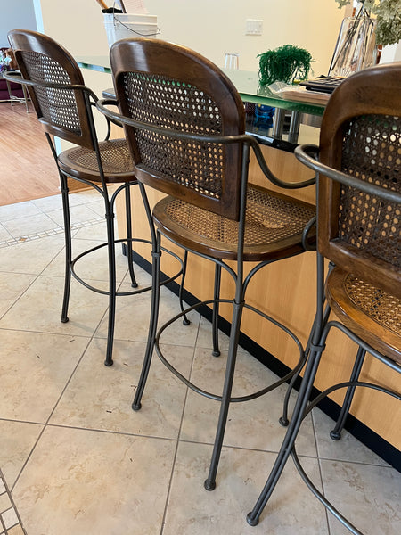 Set of 4 1980's Vintage Drexel Wrought Iron and Cane Bar Stools