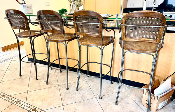 Set of 4 1980's Vintage Drexel Wrought Iron and Cane Bar Stools
