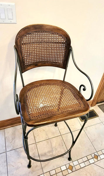 Set of 4 1980's Vintage Drexel Wrought Iron and Cane Bar Stools