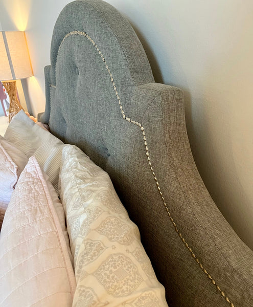 Gray Tufted Upholstered Bed with Nailhead Trim