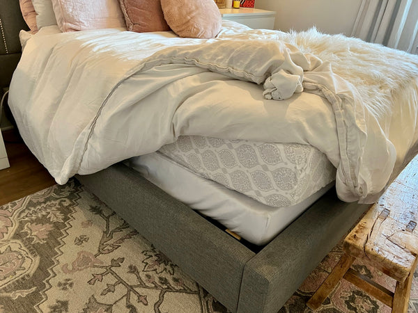 Gray Tufted Upholstered Bed with Nailhead Trim