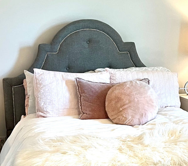 Gray Tufted Upholstered Bed with Nailhead Trim