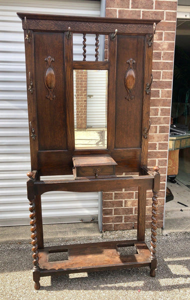 Antique Carved Tiger Oak Hall Tree with Beveled Glass and Glove Box