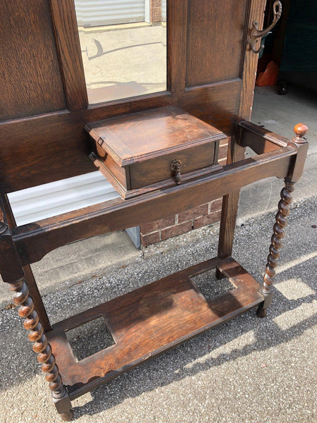 Antique Carved Tiger Oak Hall Tree with Beveled Glass and Glove Box