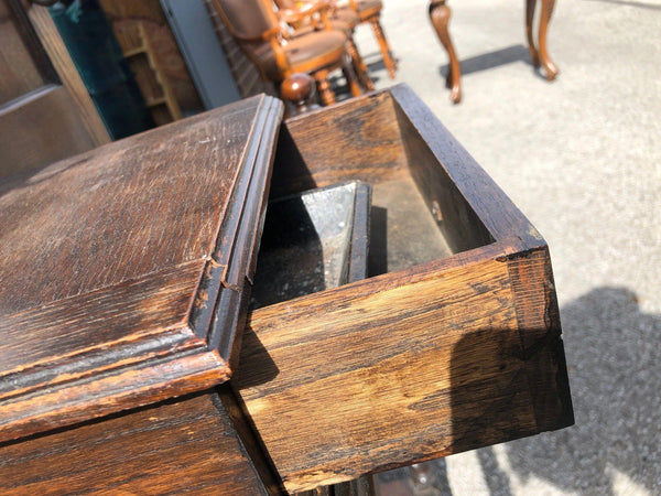 Antique Carved Tiger Oak Hall Tree with Beveled Glass and Glove Box