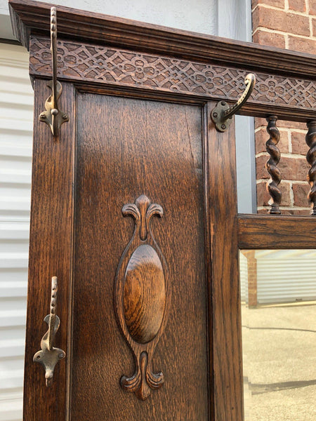 Antique Carved Tiger Oak Hall Tree with Beveled Glass and Glove Box