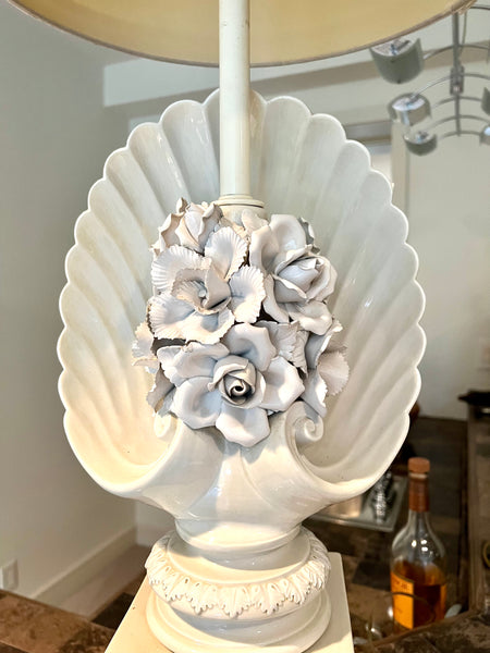 Extra Large 1950s Blanc De Chine Italian White Porcelain Table Lamp - Floral and Shell on Two Tiered Compotes