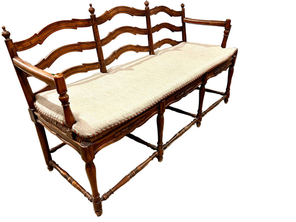French Country Wicker Rush and Ladderback Triple Seat Bench with Cushion