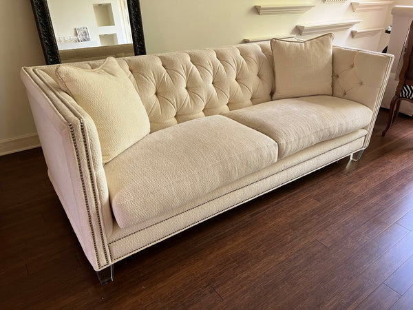 Mitchell Gold Fiona Ivory Tufted Sofa with Lucite Legs