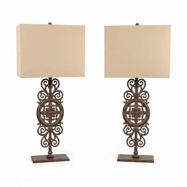 Pair of Restoration Hardware Parisian Gate Iron Table Lamps