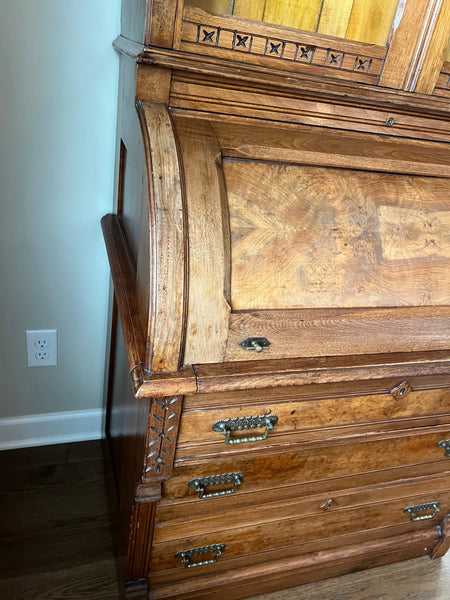 Victorian Antique Burled Walnut Roll Top Secretary Desk, Bookcase