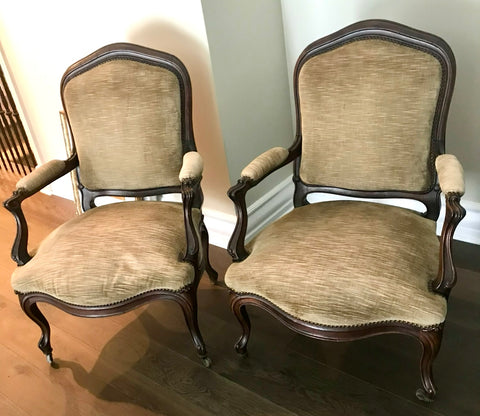 Pair of French Louis XV Antique Armchairs on Casters