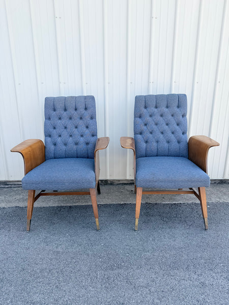 Pair of Vintage 1960 Mid-Century Modern Tufted Lounge Chairs with Bentwood Arms & Brass Ferrules
