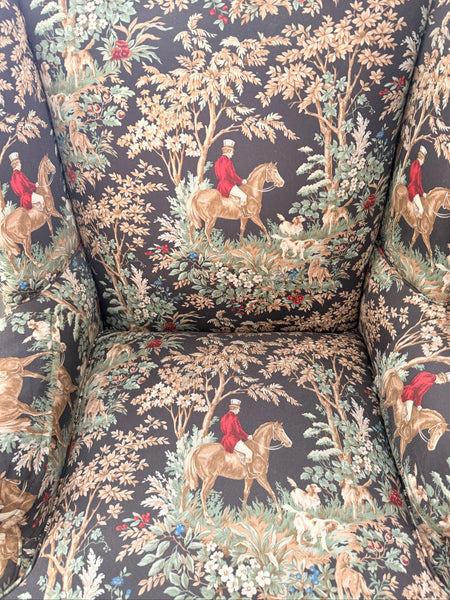 Pair of English Country Hunt Scene Wingback Chairs in Fox Hunt Upholstery