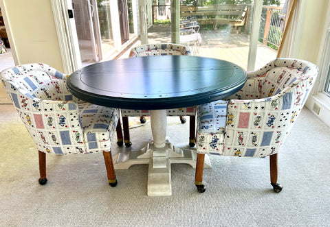 Round Dining Card Table and 4 MCM Rolling Barrel Club Chairs