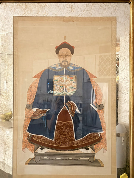 Antique Chinese Qing Dynasty Ancestor Portrait of a Civil Official, Framed Under Archival Glass