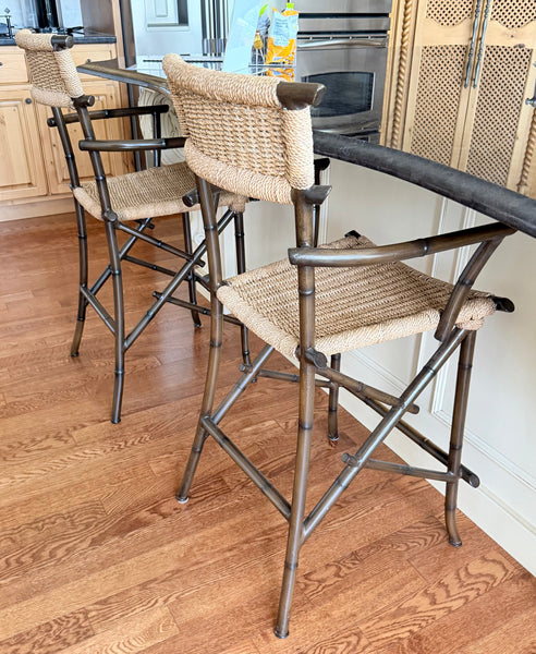 Pair of McGuire 1970's Metal Faux Bamboo and Rope Bar Stools