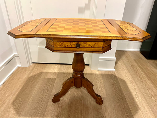 Vintage Italian Burled Fruitwood Dropped Leaf Chess Table