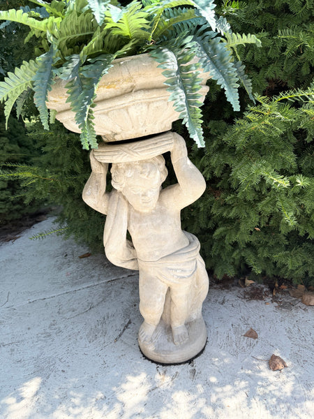 Henri Studio Cast Stone Cherub Sculpture Planter Classical Urn Stand (2 Available)