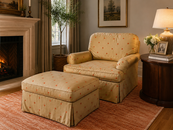 Silk Upholstered Chair and Ottoman