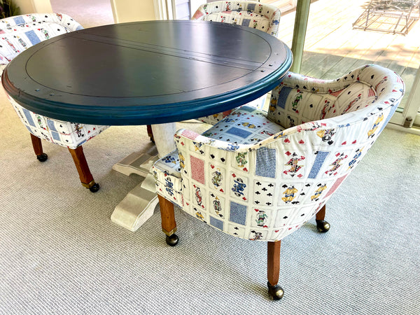 Round Dining Card Table and 4 MCM Rolling Barrel Club Chairs