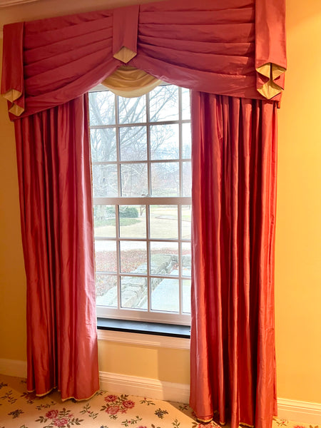 Pair of Silk Lined Curtains Drapes with Valance (3 Available)