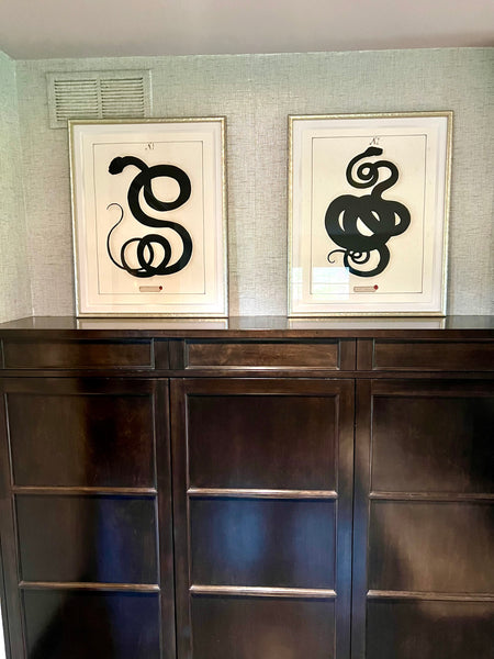 Set of 4 Serpent Snake Framed Original Art Behind Art Glass