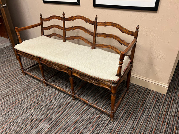 French Country Wicker Rush and Ladderback Triple Seat Bench with Cushion