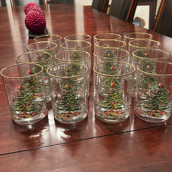 Spode Christmas Tree Double Old Fashion Glasses with Gold Trim - Set of 16