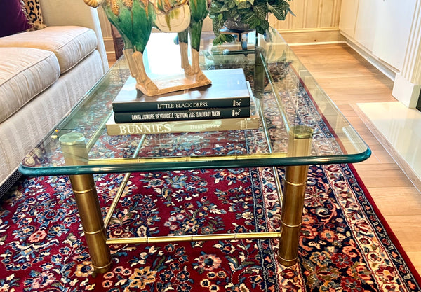 1970's Mastercraft Faux Bamboo Coffee Table with Baccarat 1" Crystal Top