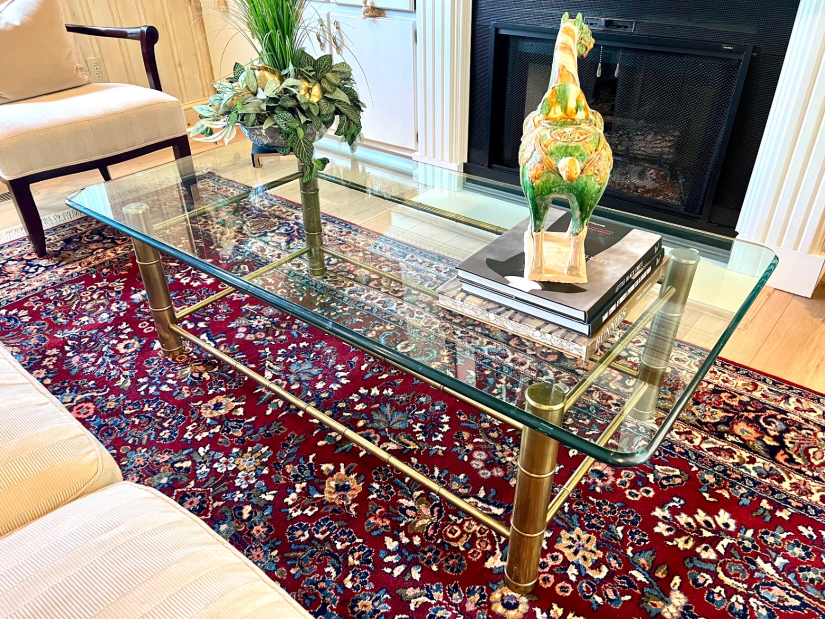 1970's Mastercraft Faux Bamboo Coffee Table with Baccarat 1" Crystal Top