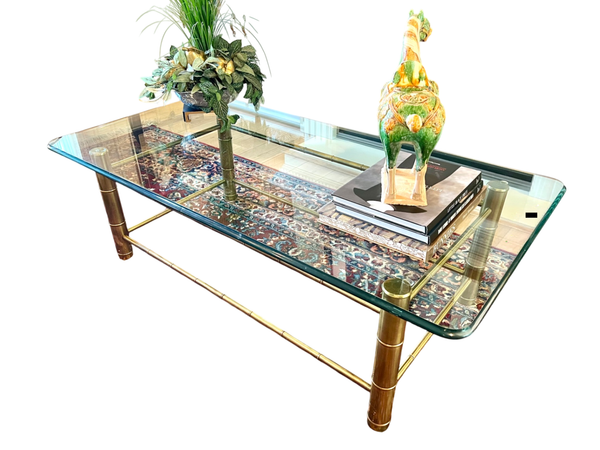 1970's Mastercraft Faux Bamboo Coffee Table with Baccarat 1" Crystal Top