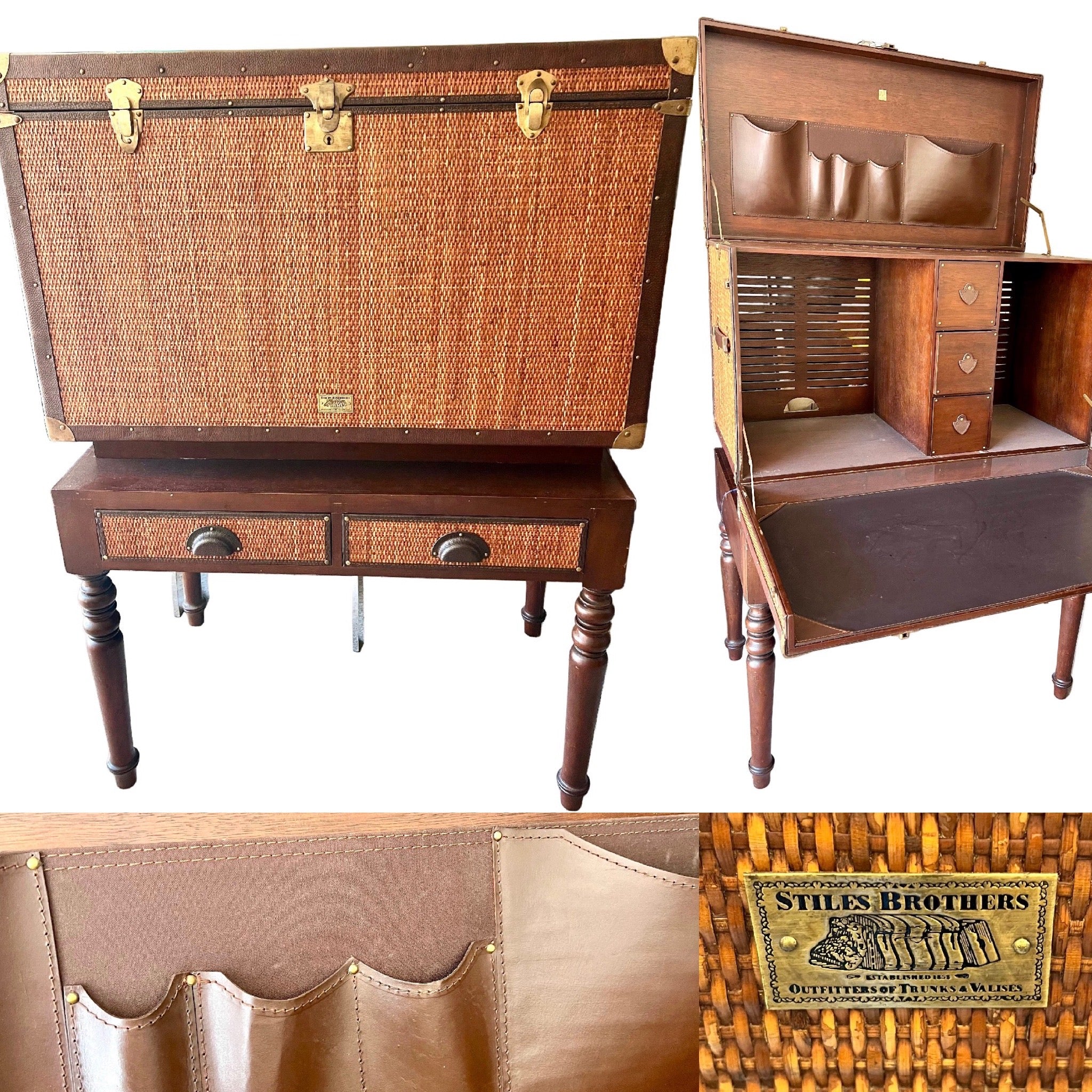 Vintage Rattan and Leather Stiles Brothers for Bauer 2 Piece Campaign Desk Trunk