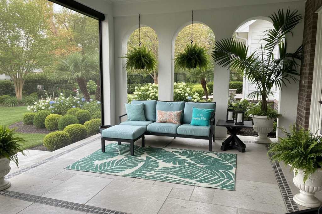 ARHAUS Montego Outdoor Aluminum Sofa, Ottoman and Side Table KLM Luxury Consignment ARHAUS Montego Outdoor Aluminum Sofa, Ottoman and Side Table KLM Luxury Consignment