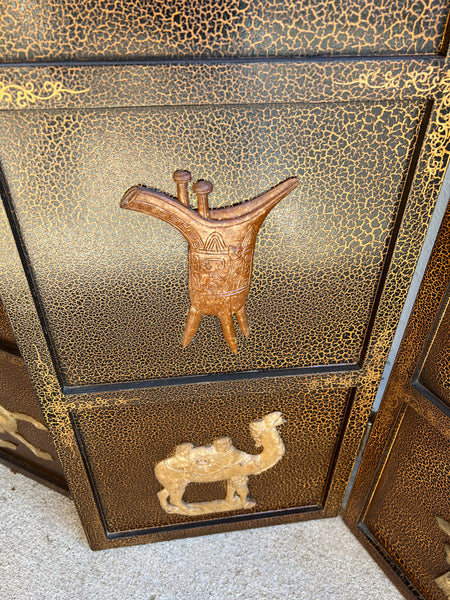 Vintage Asian Four Panel Wall Hanging or Tabletop Screen with Carved Soapstone