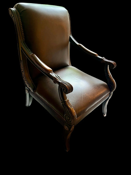 Leather French Carved Arm Chair