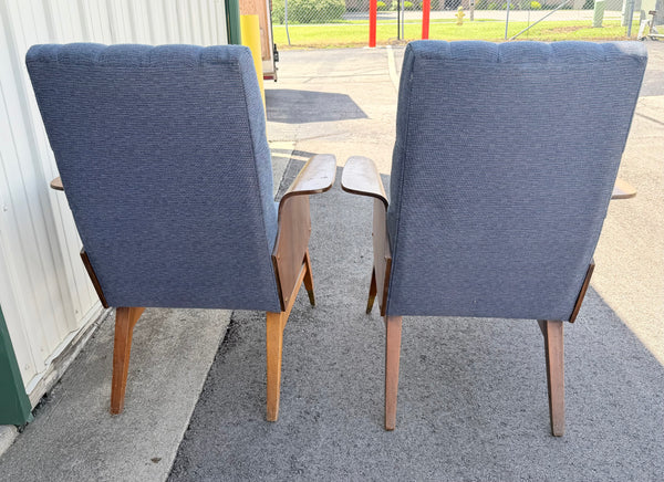 Pair of Vintage 1960 Mid-Century Modern Tufted Lounge Chairs with Bentwood Arms & Brass Ferrules
