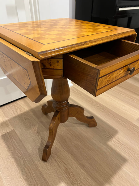 Vintage Italian Burled Fruitwood Dropped Leaf Chess Table