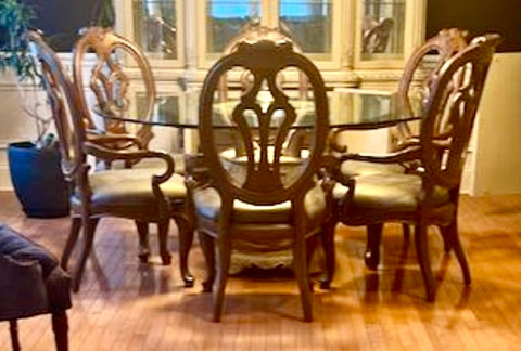 Set of 6 Thomasville Bellasera Splendido Oval Back Dining Chairs with Gray Leather Seats