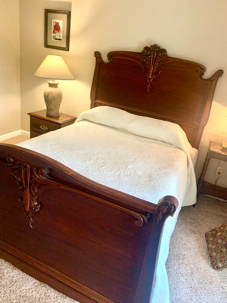 Antique French Louis XV Full Size Bed and Serpentine Front Dresser with Marble Top